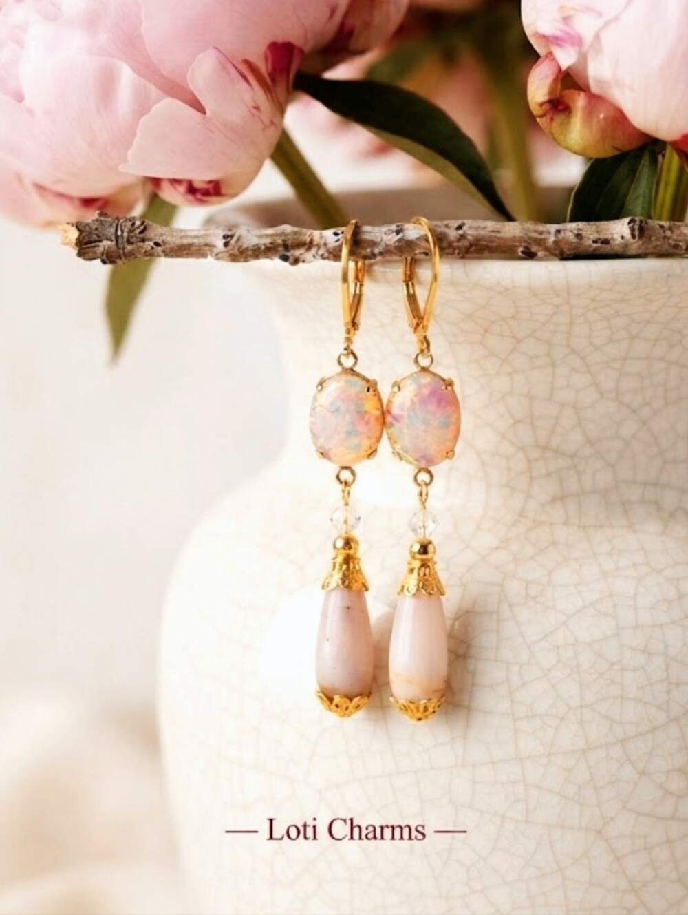 Natural Peruvian Pink Opal W/ Pink Fire Opal Glass In Gold Plated Drop Earrings